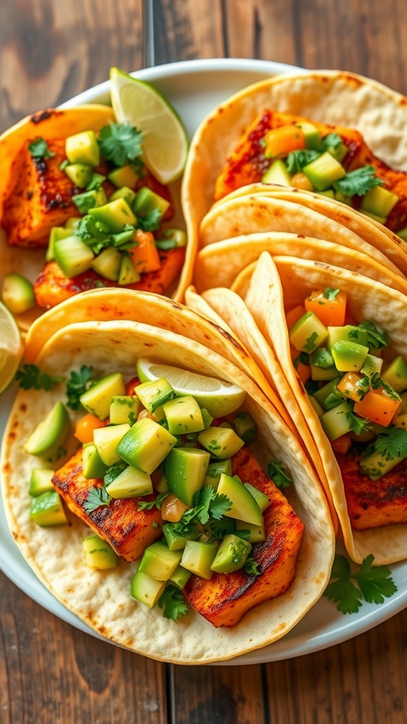 Grilled salmon tacos with avocado salsa on a rustic plate, decorated with lime wedges and cilantro.